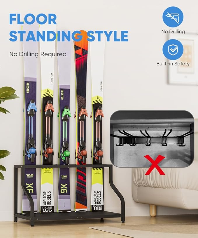 Ski Storage Rack for Garage — Freestanding Ski Holder for 5 Pair Skis, Helmet, Goggles, gloves, Indoor Snowboard Rack Organizer Stand for Home, Shed, Basement, Black