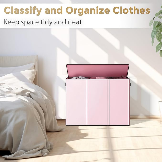 180L Laundry Hamper 3 Section, Large Laundry Basket with Lid, Laundry Basket Organizer with Handles, Pink Divided Laundry Baskets, Clothes Hampers for Nursery, Bedroom, Bathroom