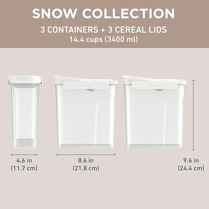 Bentgo Pantry - 6-Piece Airtight Cereal Containers, Easy Push & Pour Lid, Stackable & Clear BPA-Free Storage, Locking Lids for Freshness – Ideal for Kitchen & Pantry Organization (Snow)