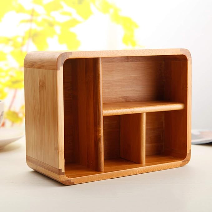 VolksRose Desk Remote Control Holder Multi-Function Coffee Table Office Supplies Storage Organizer, Home Sundries Bamboo Storage Box with 4 Compartments - Perfect for Makeup, TV Guide, iPad, Caddy #3