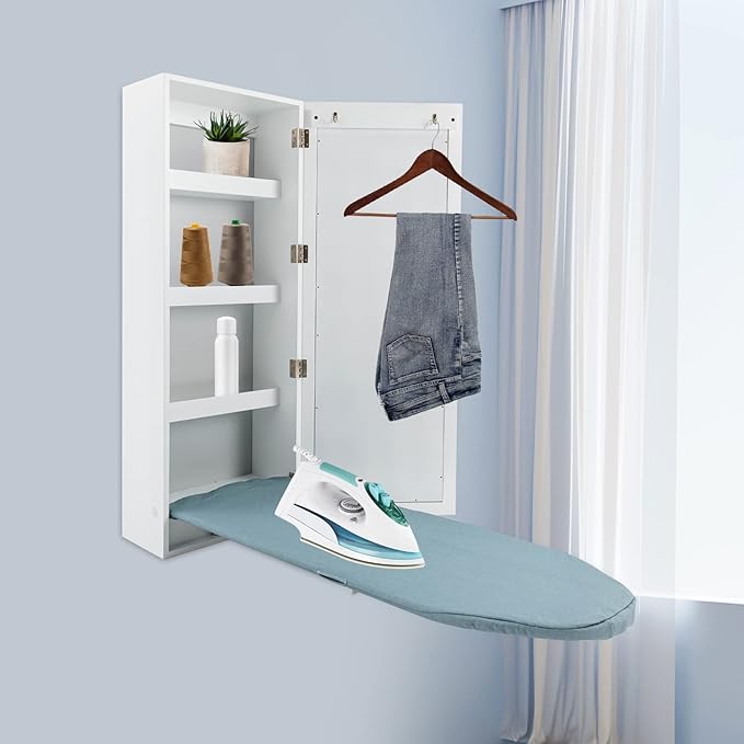 Wall Mounted Ironing Board Cabinet,Foldable Hanging Ironing Board with Mirror,Compact Mount Fold Down Iron Board for Small Spaces White