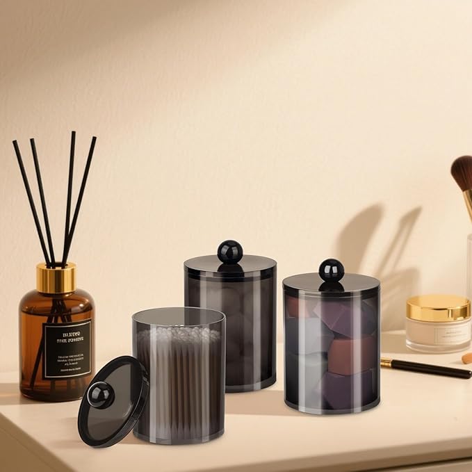 4 Pack Qtip Holder,Canister Apothecary Jar Set, Bathroom Jars with Lids Set for Cotton Swabs, Balls, Pads, Floss Picks,10oz-12oz Plastic Canisters Restroom Bedroom Vanity Organizer(Black)