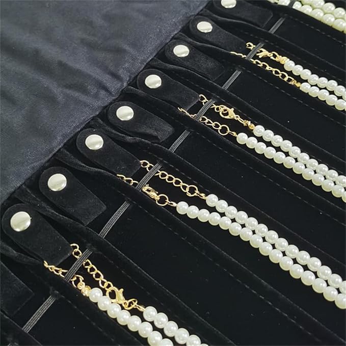 Portable Jewelry Roll Untangled Secure Necklace Travel Storage Bag Displays Holder 16 Chain (Black)