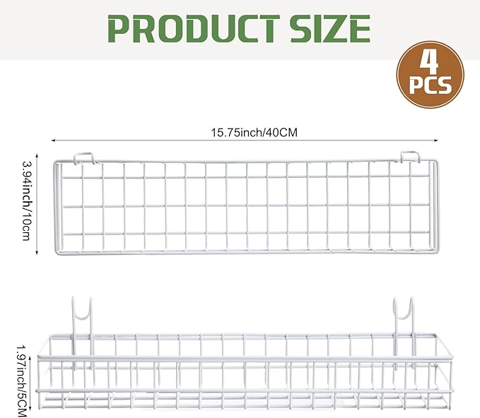 Blulu 4 Pcs 15.75 x 3.94 x 1.97 Inch Metal Grid Wall Baskets with Hooks Grid Wall Shelves Hanging Wire Basket Multi Function Storage Organizer for Kitchen Organizing Display (White)