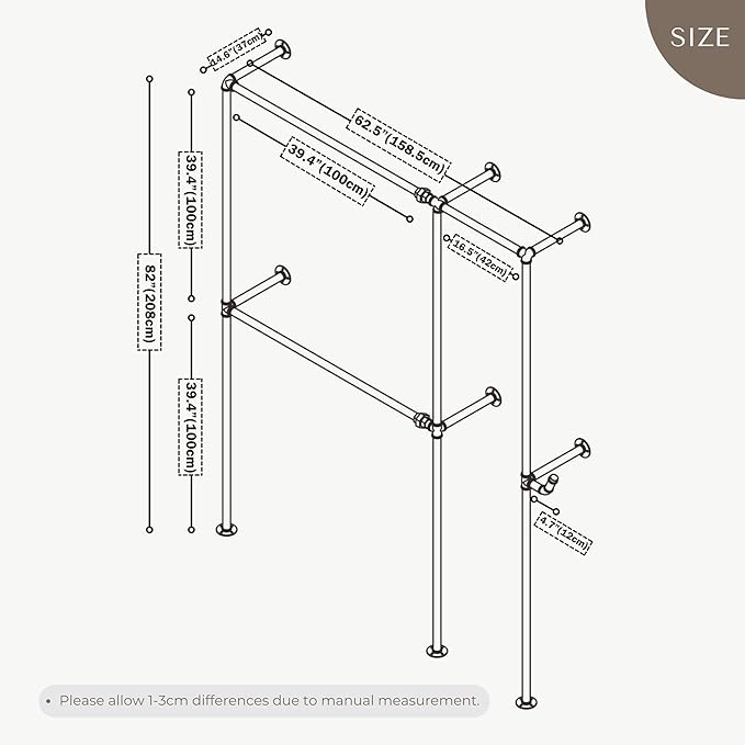 Industrial Pipe Clothing Rack, Heavy Duty Wall Mounted Clothes Rack, Retail Display Hanging Garment Rod for Laundry Rooms, Closet Storage, 14.6x62.5x82.7 Inches, Model AF01