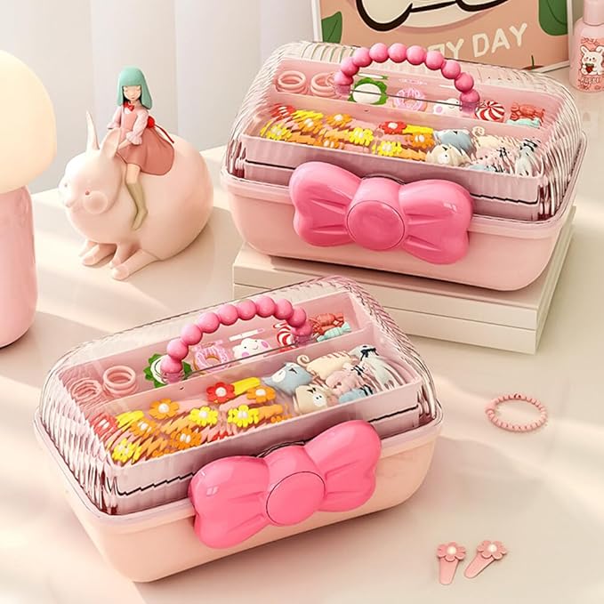 Cute Girls Hair Accessories Storage Box Bow Switch Organizer Box Jewelry Box, Plastic Hair Ties Holder Hair Clips Container Storage Box for Home, School, Office(Pink)