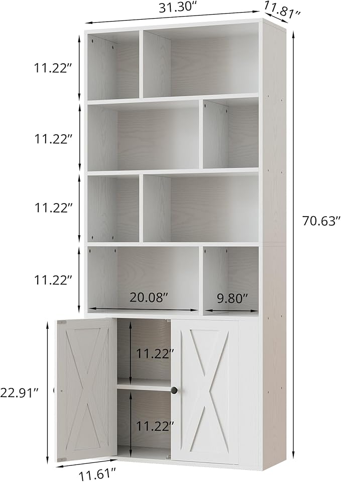 IRONCK Bookcase with Doors, Tall Bookshelf with Storage, Bookshelves and Bookcases with 8 Open Cubes for Living Room, Bedroom, Office