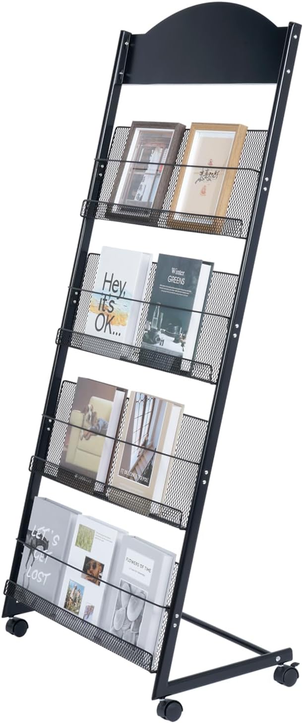 lesolar Floor-Standing Magazine Rack 4-tier Newspaper Holder Book Display Shelf Brochure Display Stand Floor Suitable for Exhibitions Shopping Malls Hospitals Offices School (Black)