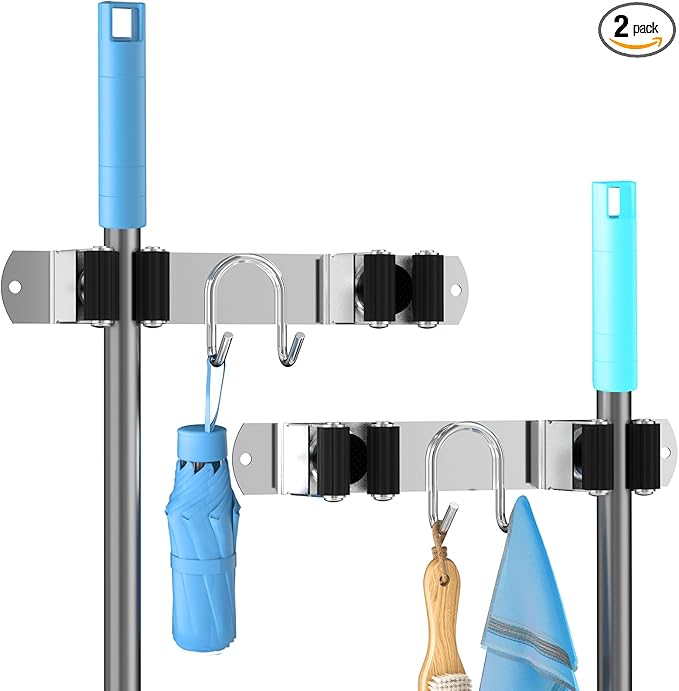 Broom Holder Wall Mount, 2-Pack Stainless Steel Mop and Broom Organizer, Broom Hanger with 2 Slots 2 Hooks for Home Kitchen, Garage, Garden and Laundry Room, Silver
