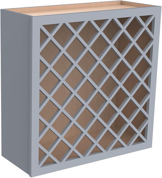 Solid Wood RTA Wine Bottle Rack Wall Cabinet with Lattice Panels - Bottle Holder Storage for Bar, Pantry, or Wine Cellar - Mocha Finish Countertop Solution (Gray, 24'W 12'D 30'H)