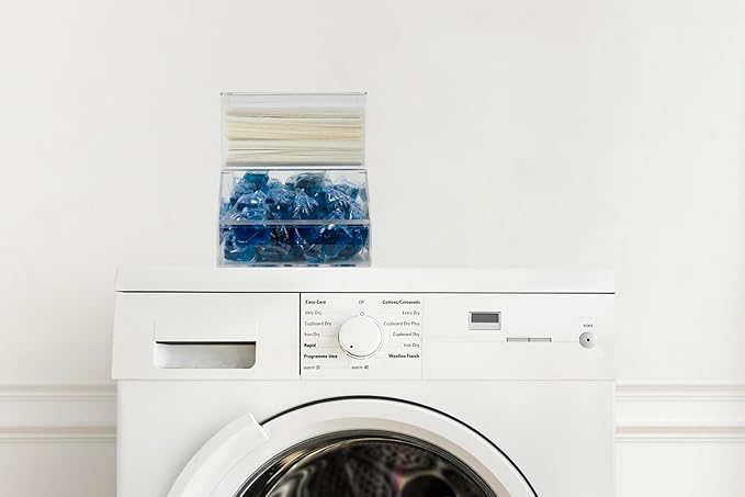 Laundry Pod Holder & Dryer Sheet Dispenser - 2 Compartment Acrylic Container w/Lids for Storing Clothes Pins, Dishwasher Pods for Laundry Room Organization