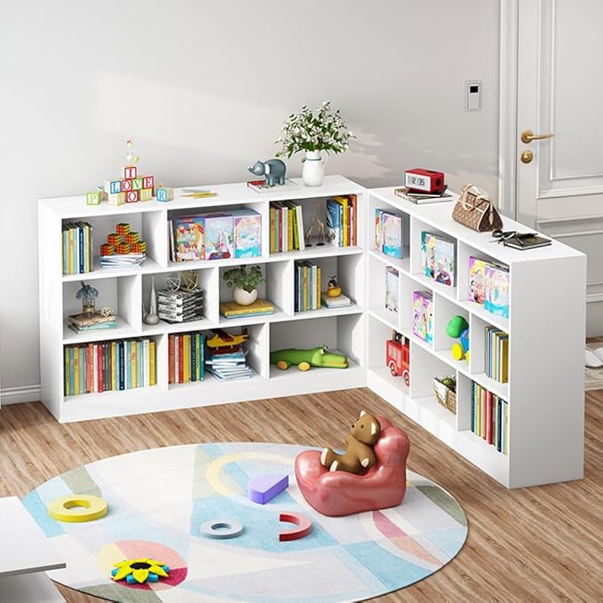IOTXY Open Shelf Low Bookcase - Wooden 3-Tier Floor Standing Display Cabinet Organizer with Base, 8 Cubes Short Horizontal Bookshelf in Warm White