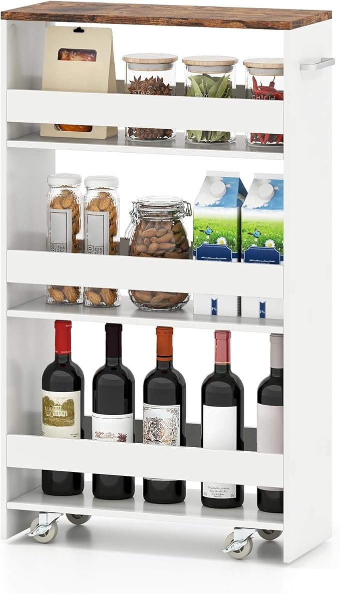 Small Kitchen Cart, 4-Tier Slim Rolling Island w/Handle, Laundry Room Storage Organizers Between Washer and Dryer, Narrow Spice Rack on Wheels Next to Fridge (White & Rustic Brown, 8'')