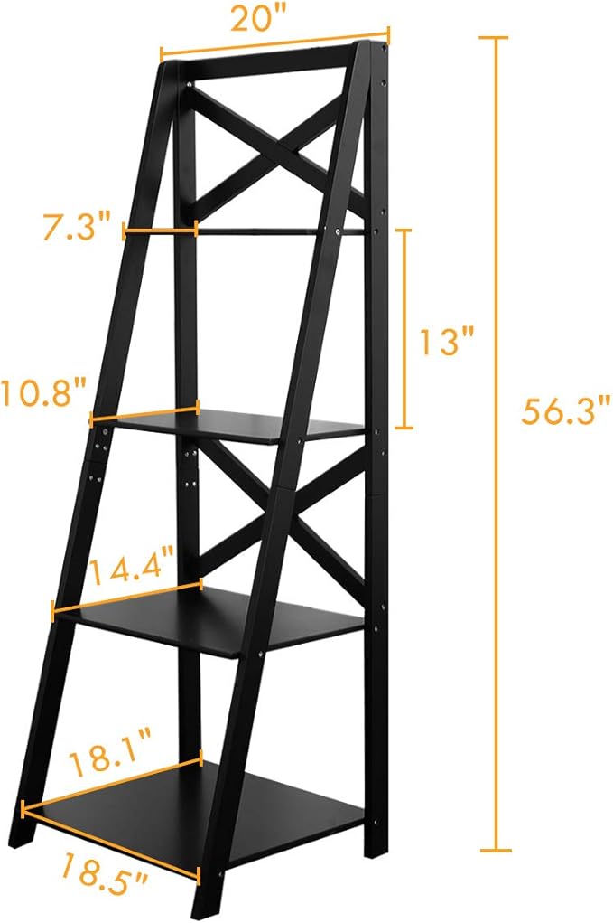 Tangkula 4-Tier Ladder Shelf Bookcase Leaning Free Standing Wooden Frame Decor Bookshelf Storage Flower Shelf Plant Display Shelf for Home Office (1, Black)