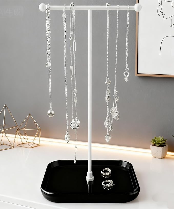 VROOMIUM Necklace Holder- Ceramic Base 1ft Height Jewelry Organizer Stand, Aesthetic Jewelry Hanger Display for Necklaces, Bracelets, Rings, Exhibidor de Collares-Minimalist Black
