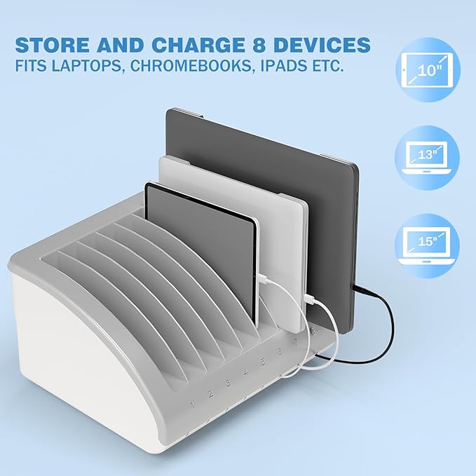 6-Pack | Pochar 8-Device Universal AC Laptop Charging Station for Multiple Laptops - Chromebook Organizer for Classroom - Fits up to 15.6'' Screensize and 1.4'' Thick (Gray)