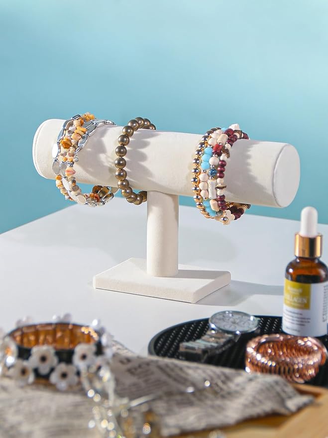T-Bar Bracelet Holder Stand, Bracelet Jewelry Organizer Stand, Bangle Bracelet Watch Display for Selling, Scrunchie Hair Ties Jewelry Storage Rack for Women (1 tier beige)