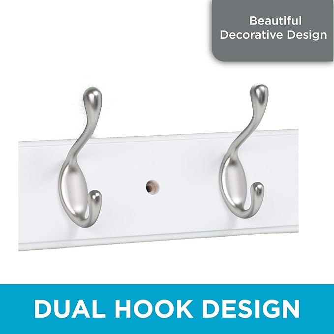 BIRDROCK HOME Oval Hook Coat and Hat Rack | 6 Hooks | 2 Pack | White Finish | Wall Mount | Satin Nickel Hooks
