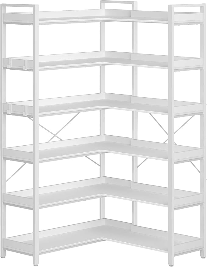 Rolanstar Bookshelf 6 Tier with 4 Hooks, Reversible Corner Bookshelf, 69" Industrial Wooden Bookcase with Open Shelves and Metal Frame for Living Room, Bedroom, Home Office, White