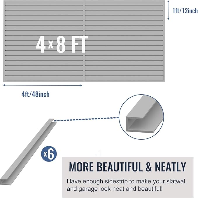 Slatwall Panel Garage Organizer PVC Slatwall Heavy Duty Wall Mounted Rack, Interlocking Slat Wall Panels for Tool Organization Peg Board(Grey 4 x 8 ft)