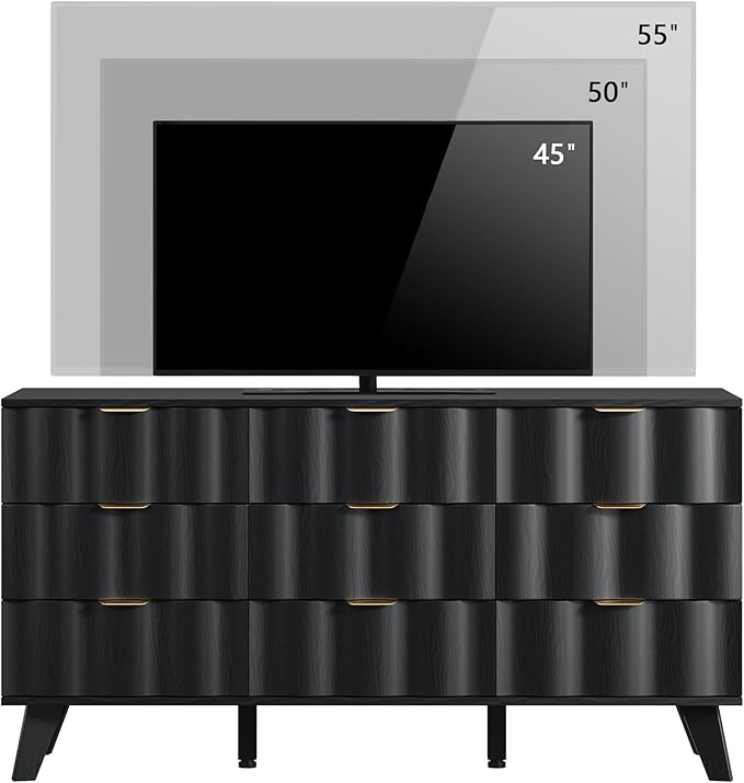 9 Drawer Dresser, Modern Fluted Storage Dresser with Deep Drawers and Metal Handles, Wood Chest of Drawers Storage Organizer for Bedroom, Living Room, Hallway (Black)