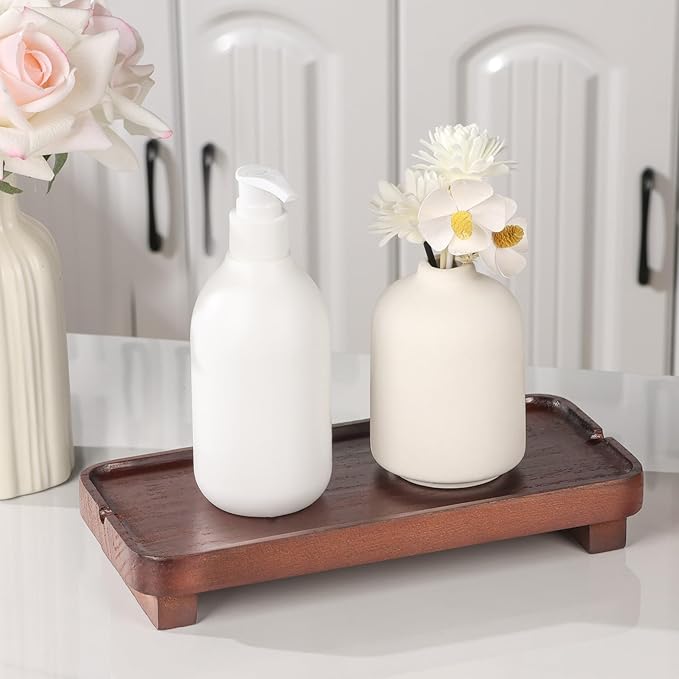 Wood Riser Small Decorative Tray Sink Soap Dish, Vanity Tray Pedestal Stand 10 x 4.5 inches (Dark Brown)
