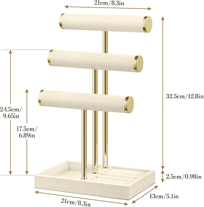 Bracelet Holder Jewelry Organizer Display - 3 Tier T Bar Velvet Stand, Beige Jewelry Storage for Bracelet, Necklaces, Watches