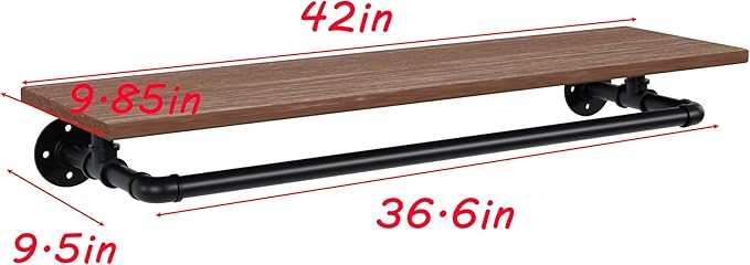 Clothes Rack 42in, Wall Mounted Garment Rack with Real Wood Shelf, Heavy Duty Hanging Clothes Rack, Multi-Purpose Hanging Rod, Space-Saving Closet Storage