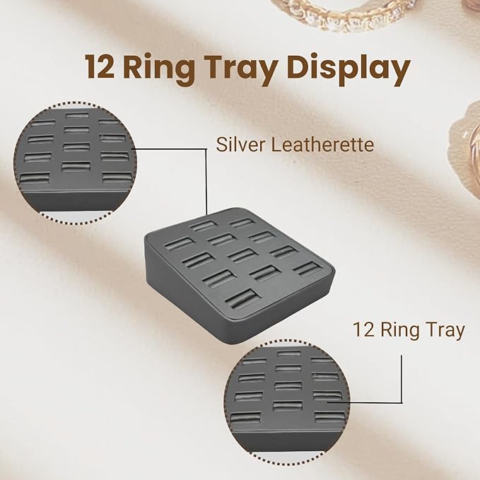 Novel Box 12-Slot Silver Leatherette Rings/Earrings/Cufflinks Holder Tray 5.75x5x2 Inches - Ring Holder Organizer for Selling or Personal Use - Jewelry Display Trays for Special Occasions