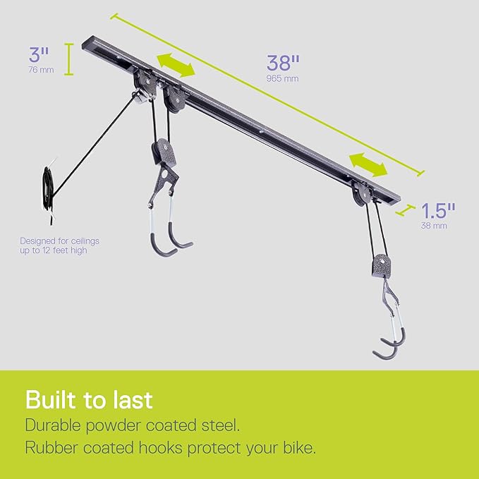 Bike Hoist- Heavy Duty for Space Saving - Road, Commuter & Mountain Bikes, Holds Kayaks & Ladders - No-Hassle Installation for Quick & Easy Access