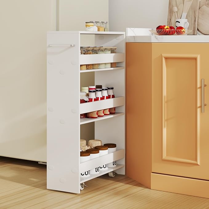 Slim Rolling Storage Cart, 4 Tier Narrow Kitchen Cart with Wheels, Between Washer and Dryer Cart, Wood Shelving Unit Organizer w/Handle for Small Spaces (White, 8-Inch)