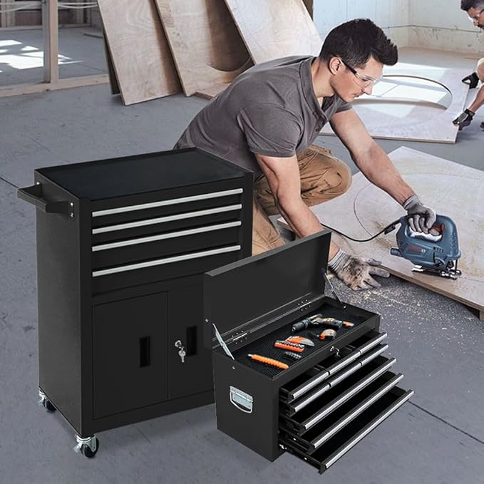 13-Drawer Double Doors Handle Rolling Tool Chest, 2 in 1 Detachable Rolling Tool Chests, Large Tool Boxes with Lock, Metal Standing Tool Cabinet for Garage Workshop(Black)
