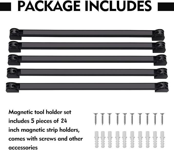 24" Magnetic Tool Holder, 5 Packs Magnetic Storage Strips Magnet Bar PVC Coated for Garage Tool Organizer Mounted Hanging Strip,Heavy Duty of Holder Easy to Install