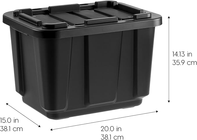 IRIS USA 12 Gallon Heavy Duty Truck Bed Toolbox Storage Tote Bins with Lids, 4 Pack - Made in USA, Tough Snap On Lockable Lid Stackable Industrial Rugged Tubs, Garage Organization Box - Black