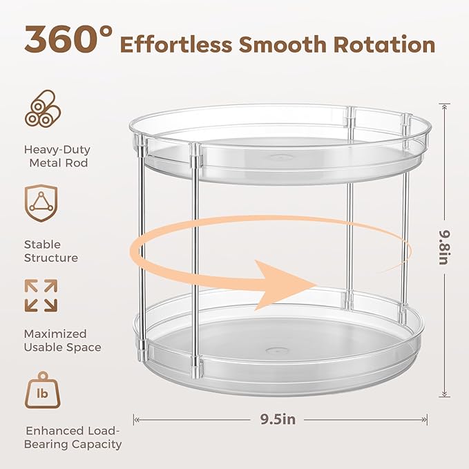 2-Pack 2-Tier Clear Lazy Susan Turntable Organizer, 9.5" Rotating Spice Rack for Kitchen Cabinet, Countertop Tray for Bathroom & Vanity to Organize Makeup, Perfume and Jewelry
