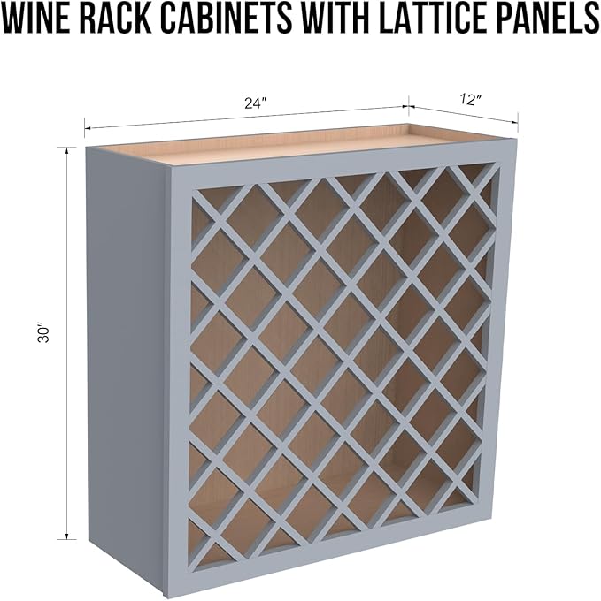 Solid Wood RTA Wine Bottle Rack Wall Cabinet with Lattice Panels - Bottle Holder Storage for Bar, Pantry, or Wine Cellar - Mocha Finish Countertop Solution (Gray, 24'W 12'D 30'H)