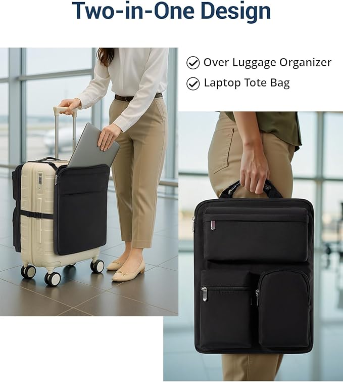 Over Luggage Organizer Bag for Suitcase with Multi Pockets, 16” Laptop Bag with Handle, Portable Travel Organizer Bags for Luggage with Adjustable Straps, Tote Carry Bag for Men Women(Black)