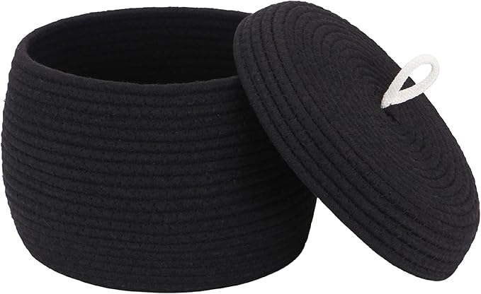 Sea Team Round Cotton Rope Storage Basket with Lid, Decorative Woven Storage Bin, Pot, Caddy, Organizer, Container for Snacks, Towels, Plants, 10 x 7.5 Inches (Small, Black)