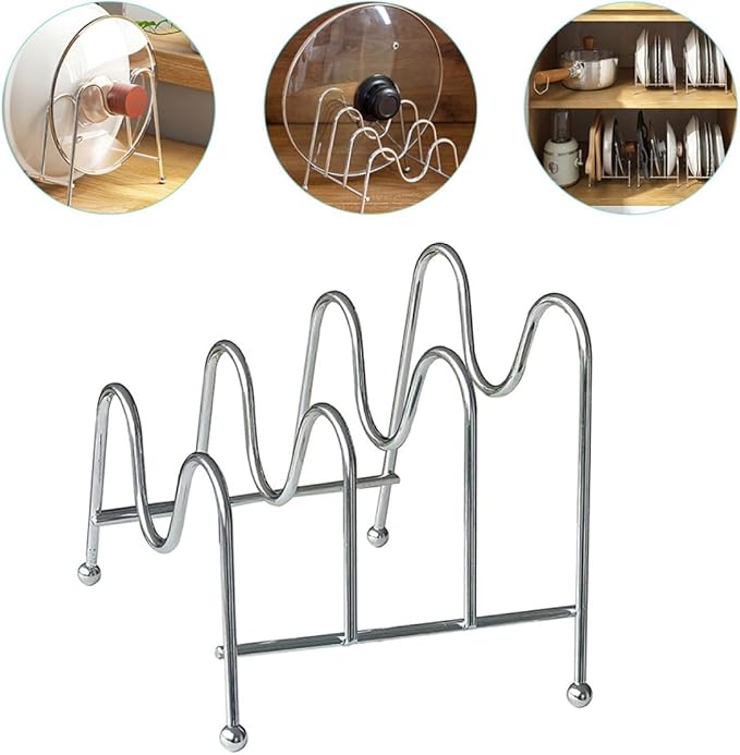 Uonlytech Multipurpose Silver Kitchen Pot Lid Holder Rack with Compartments for Organizing Pan Covers Plates and Cutting Boards Convenient Hygienic Storage Stand for Countertop and Cabinet