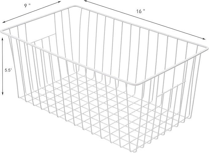 Freezer Baskets Organizer, Refrigerator Metal Wire Storage Divider, Household Container Bins with Handles for Kitchen, Pantry, Cabinet, Closets - Pearl White (6, 16in x 10in x 5.5in)