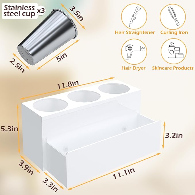 Hair Tool Organizer, Acrylic Hot Hair Styling Tool Organizer with 3 Cups, Hair Dryer Holder for Bathroom Organization Bedroom Vanity Countertop Caddy Storage Curling Iron Stand (Glossy White)