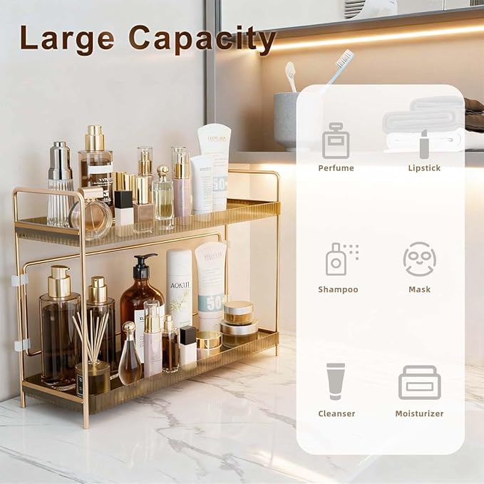 LEEDA 2 Tier Bathroom Counter Shelves, Countertop Shelf Organizer for Bathroom & Vanity, Large Capacity Skincare Organizers,Countertop Organizer for Makeup, Lotion, Kitchen Corner & Dresser Storage