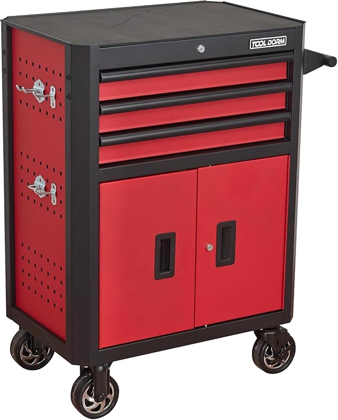 Rolling Tool Chest with Locking Wheels - Tool Box with 3 Drawers & 1 Big Tool Cabinet with 2 Door, 18.5" D x 28" W x 40" H Mobile Tool Storage Cabinet, Heavy-Duty Garage Organizer w/Ergonomic Handle