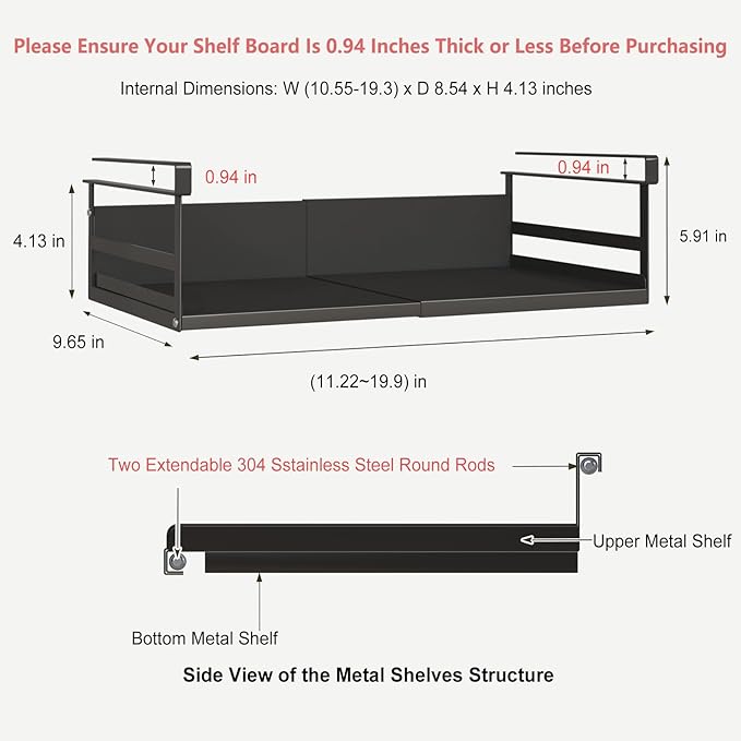 Expandable Under Cabinet Shelf Organizer with 0.94-Inch Thick Clips, Heavy Duty Extendable Under Shelf Storage Basket for Pantry or Laundry Room, Black, 2 Pack, Interior: 4.13" H x 8.54" D