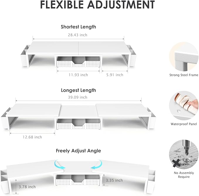 OPNICE White Dual Monitor Stand Riser, Metal Desk Organizers and Accessories with Drawer and 2 Pen Holders, Computer Monitor Stand for Desk