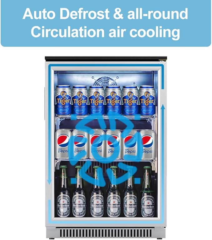 Weili 20 Inch Built in Beverage Fridge with Glass Door, 120 Can Under Counter Soda Beer Drink Refrigerator with Blue LED Light for Home Office or Bar, 36-50°F Auto Defrost