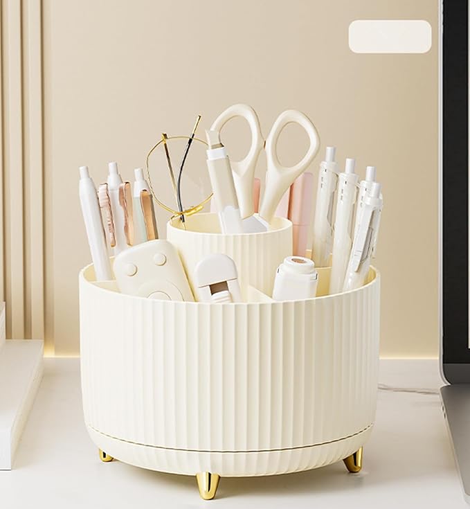 360 Degree Rotating Makeup Brush Holder Organizer Detachable Design 5 Slot Make up Brushes Cup for Cosmetics and Pencil Pen Organizer for Desk Makeup Organizer Skincare Storage for Vanity（Cream）