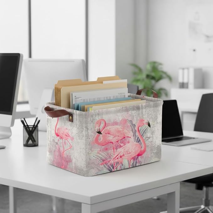 Flamingo Storage Basket Waterproof Canvas Toy Storage Bin Home Flamingo Decor Collapsible Outdoor Basket with Leather Handles Flamingos Gifts Blanket Baskets For Closets,Bedrooms,Bathroom