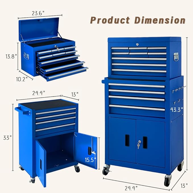 13-Drawer Double Doors Handle Rolling Tool Chest, 2 in 1 Detachable Rolling Tool Chests, Large Tool Boxes with Lock, Metal Standing Tool Cabinet for Garage Workshop(Blue)