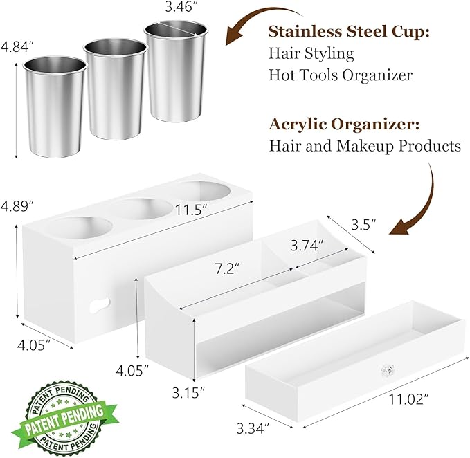 Acrylic Hair Dryer Holder with Drawer, Bathroom Organizer Countertop Drawers with 3 Stainless Cups, Makeup Vanity Accessories, Hair Hot Tools Organizer, Toiletry, White